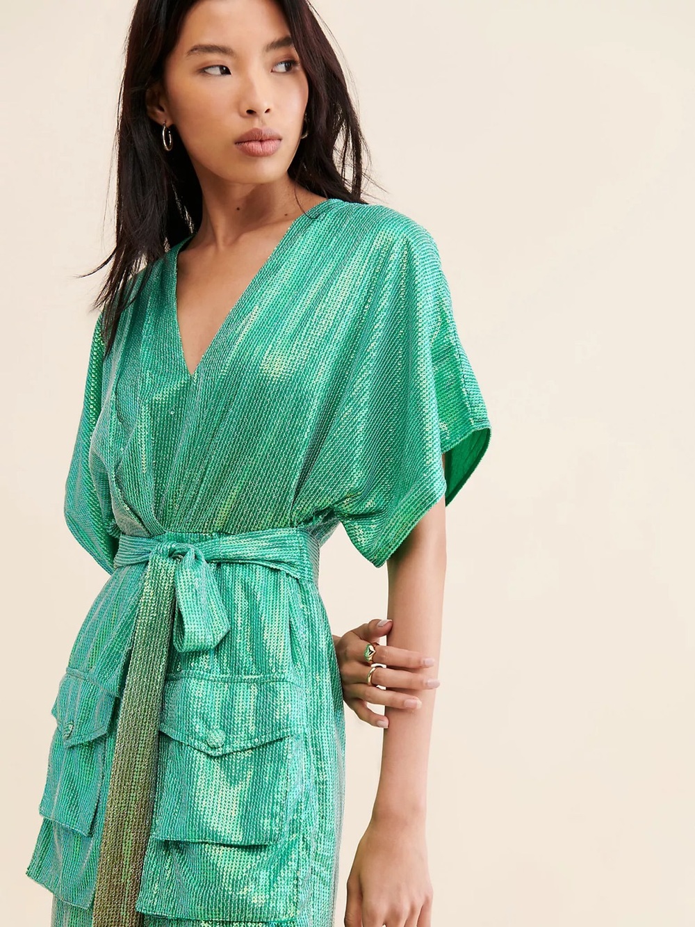 Bhanuni by Jyoti Green Ombré Sequin Dress Cargo Pockets Anthropologie